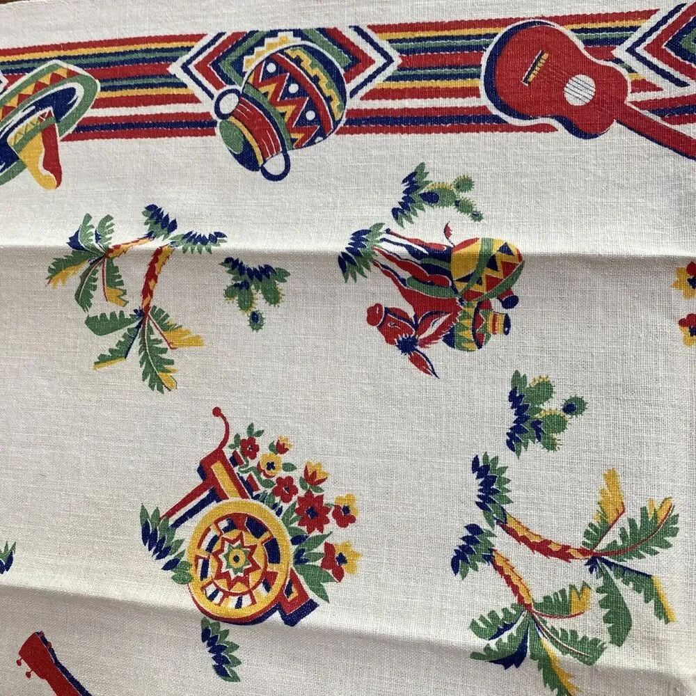 Vintage Startex Mills Cotton Linen Tea Towel Beige Red Blue Southwestern Print